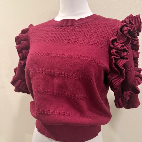 Calligraphie Burgundy Wine Red Ruffle Sleeve Knit Top Romantic Cottagecore Large - Picture 3 of 8